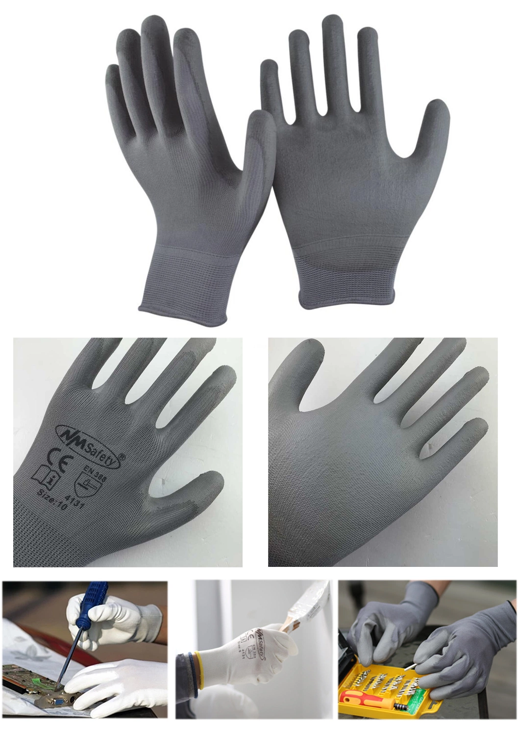 Nmsafety Grey Polyester Palm Coated Hand Work Safety PU Coated Glove